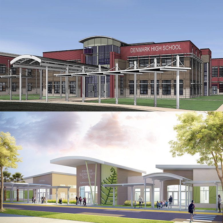 2 pics of ext of schools with covered walk ways