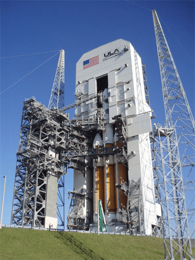 Rocket launch facility with white/orange rocket inside