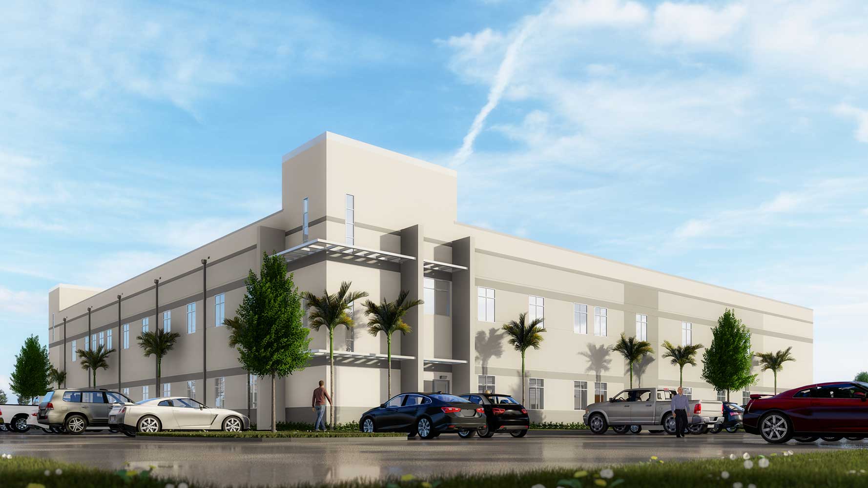 White and gray exterior building with cars parked