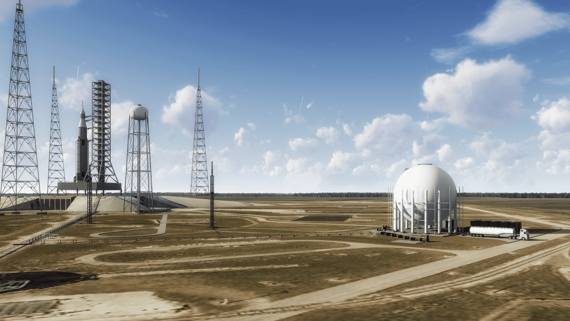 Open field with metal antennas and white globe