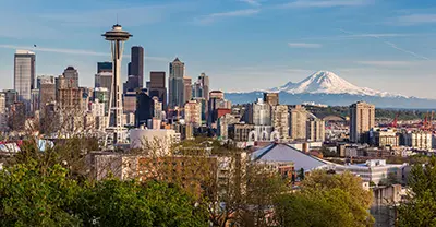 Seattle downtown skyline and Mt. Rainier, Washington.