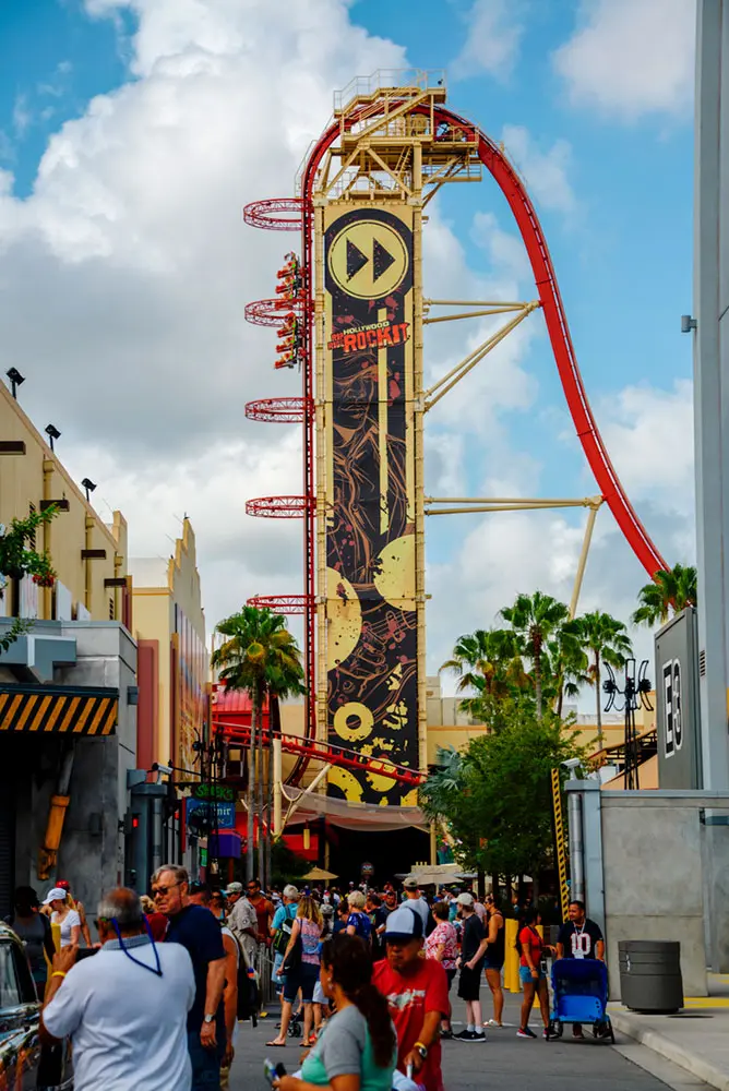 Yellow/red Rip Ride coaster at Universal