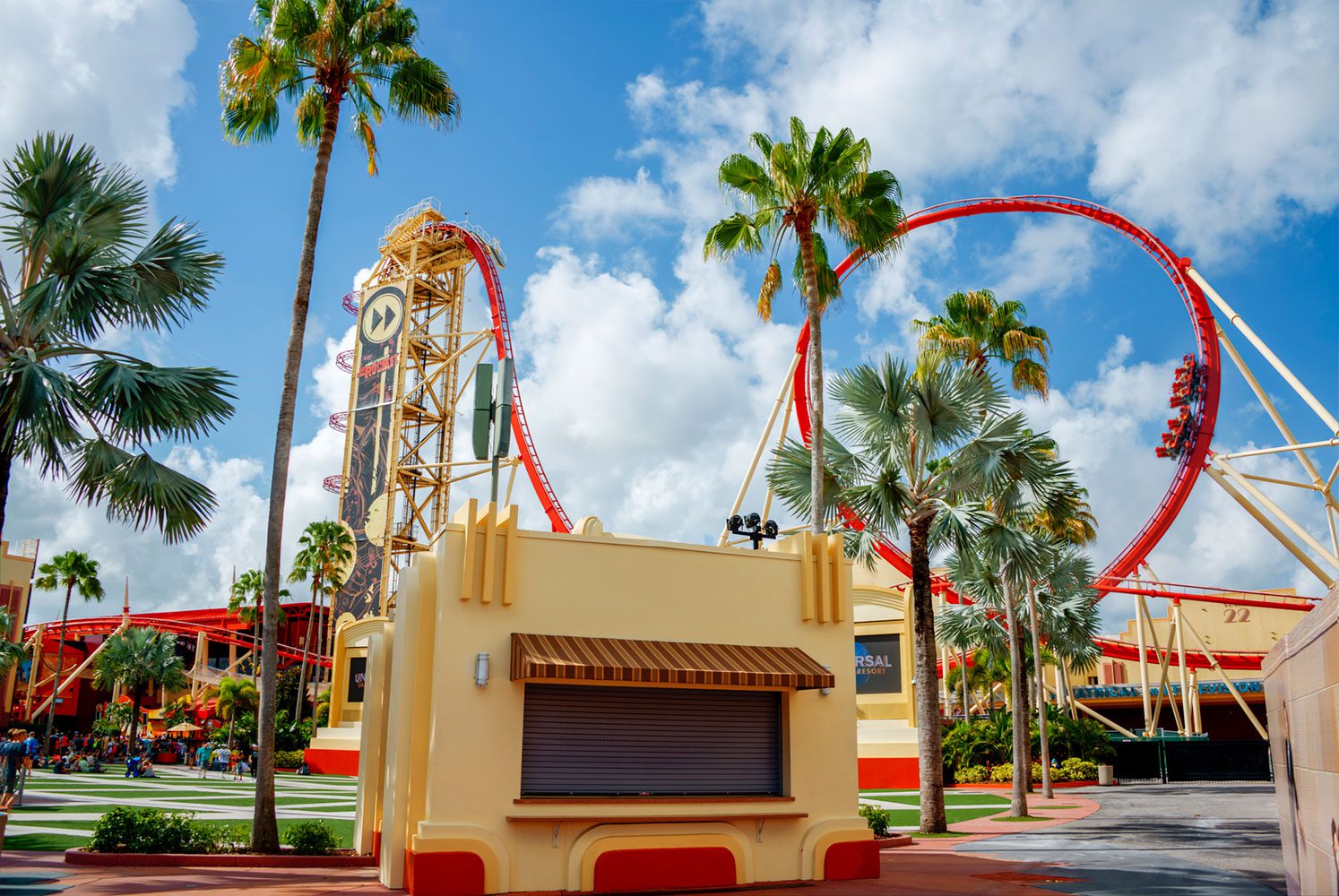 Red/yellow Rip Ride coaster at Universal