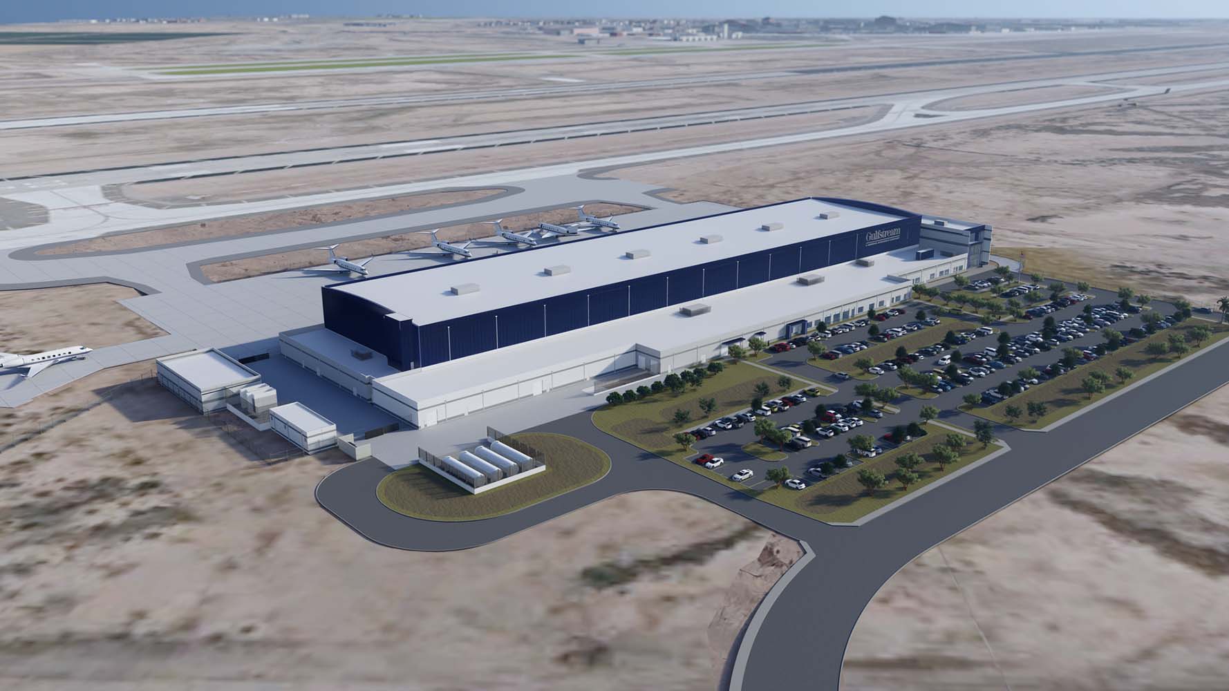 Gulfstream Aerospace Corp. engaged BRPH to design its newest maintenance, repair and overhaul (MRO) facility. Located at the Phoenix-Mesa Gateway Airport,