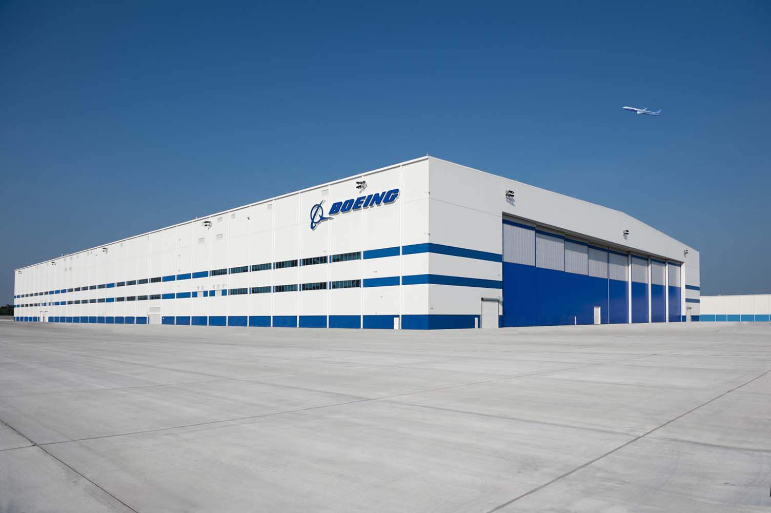 Exterior photo of Boeing Hangar