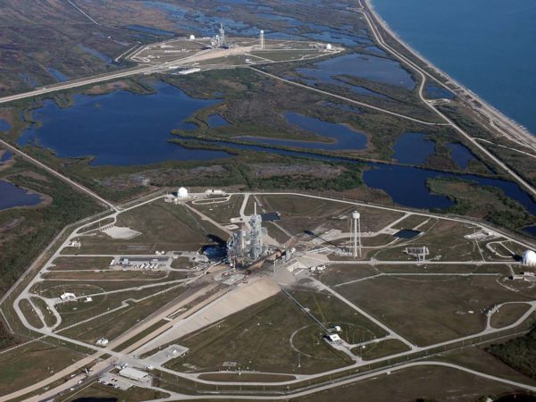 Aerial photo of Space shuttle launch complexes 39A and B at Kennedy Space Center.