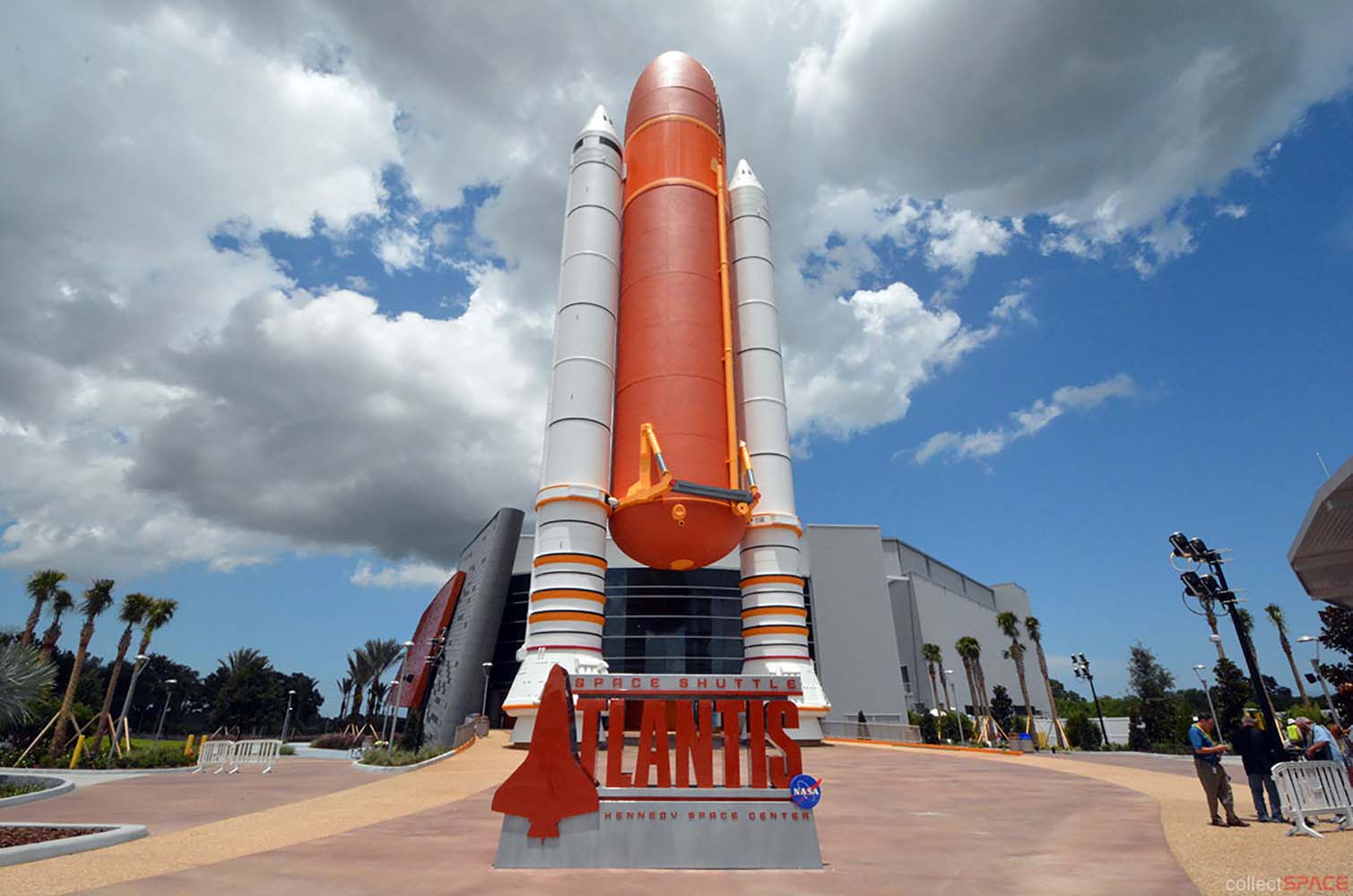 Exterior photo showing Space Shuttle Atlantis attractions at Kennedy Space Center Visitor Complex.