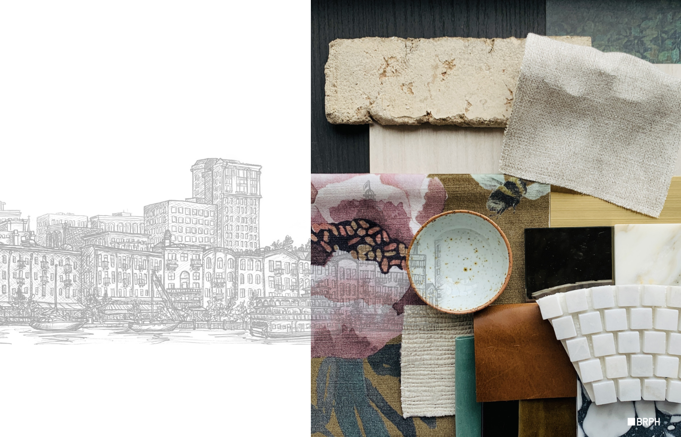 Sketch of building combined with photo of materials